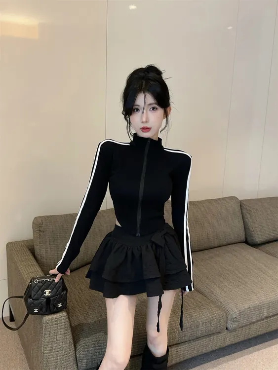 法式复古风气质条纹杠条运动衫拉链长袖外套上衣女2025年秋冬短款