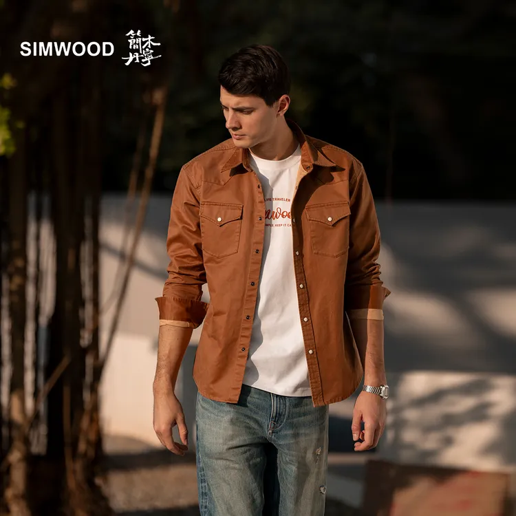 SIMWOOD/简木丹宁【宽松版】7.7盎司皮蜡涂层酵洗长袖衬衫SO130137