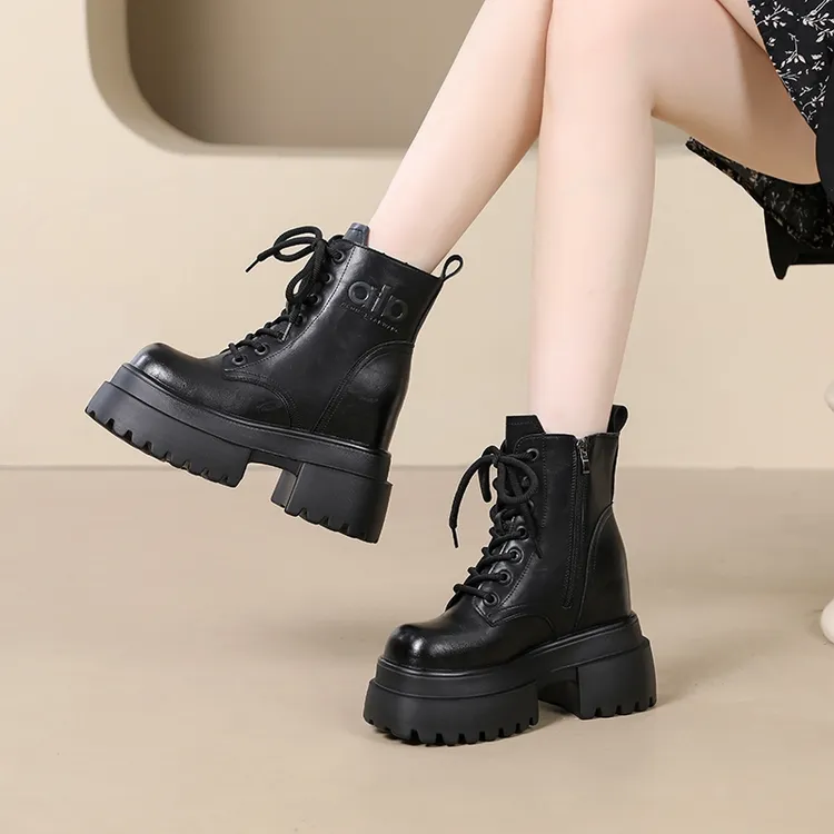 厚底马丁靴女2025秋季新款百搭英伦风12CM增高松糕底短靴潮酷单靴