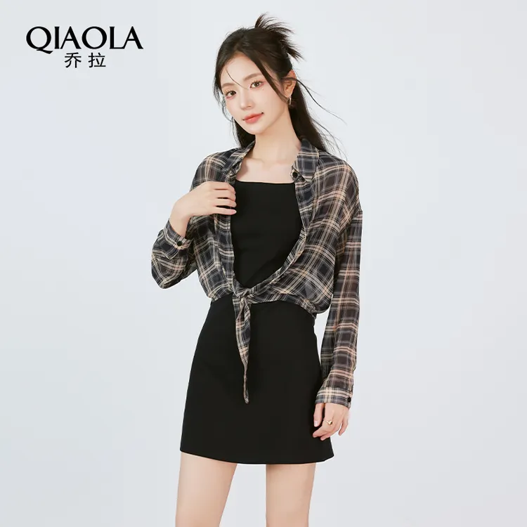 QIAOLA/乔拉【恋与心结】秋夏季格纹翻领慵懒遮肉显瘦时尚套装预售