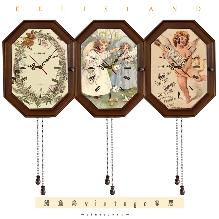 法式中古风实木装饰钟表八角收纳盒钥匙盒静音时钟氛围挂件装饰画