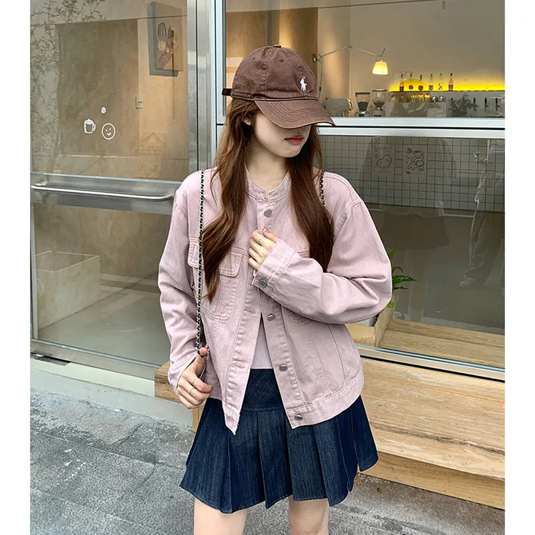 韩系时髦粉色立领牛仔外套女小个子设计感减龄显瘦百搭上衣春秋季