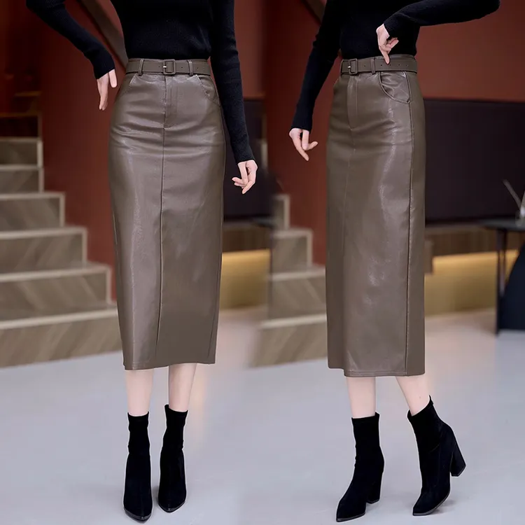 包臀皮裙半身裙女2025新款秋冬高腰开叉a字裙显瘦宽松一步长裙子