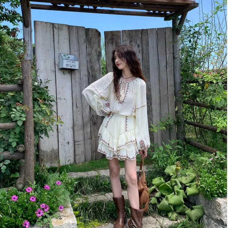 半裙时尚套装衬衫波西米亚泡泡袖法式波西米亚风显瘦长袖气质甜美