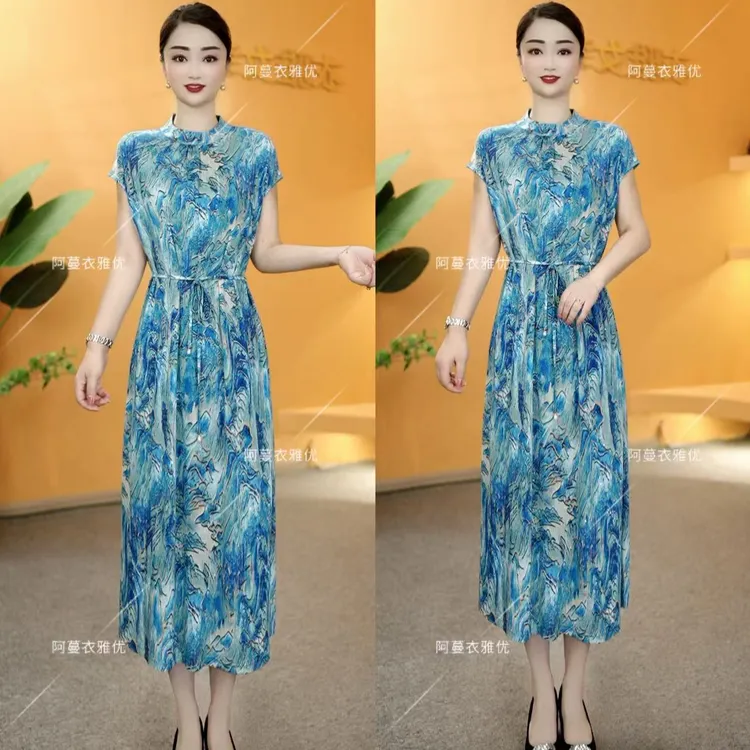 【衣雅严选】8121-2164#夏季新款冰羽丝满天星烫金气质系带连衣裙