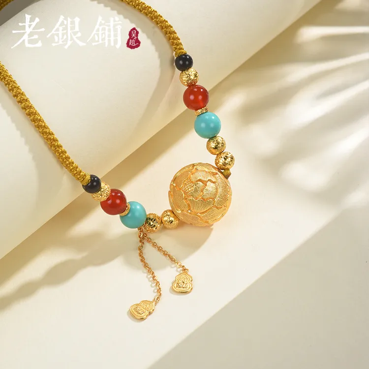 吴越老银铺 吊坠足银琉璃 足银999牡丹花珠项链国风民族风银项链