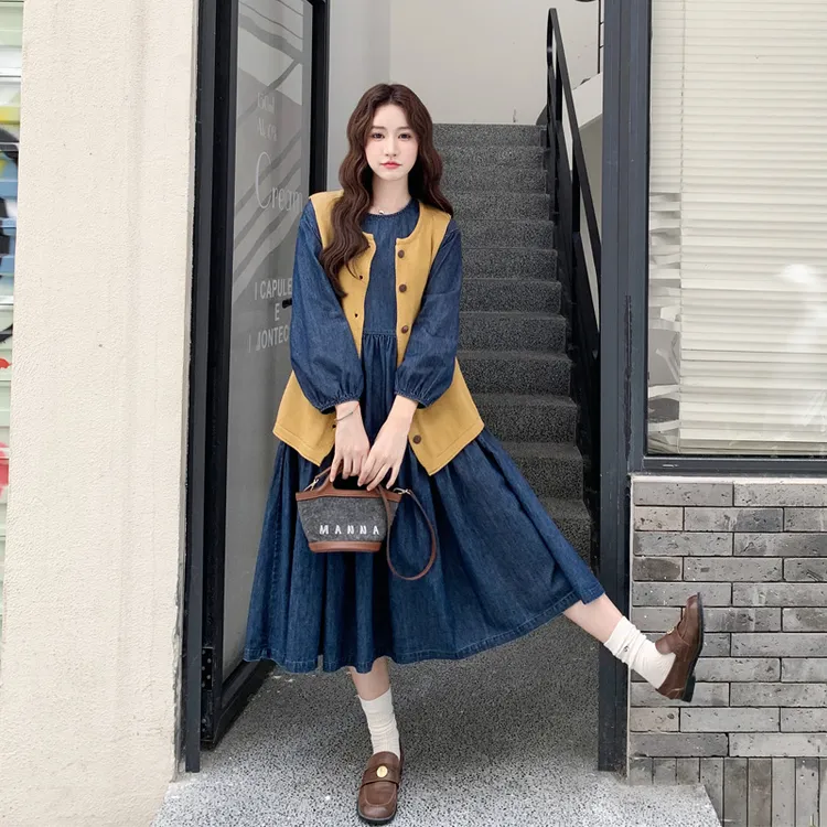 韩系ins风毛衣马甲牛仔裙套装2025春秋新款森系简约通勤风两件套