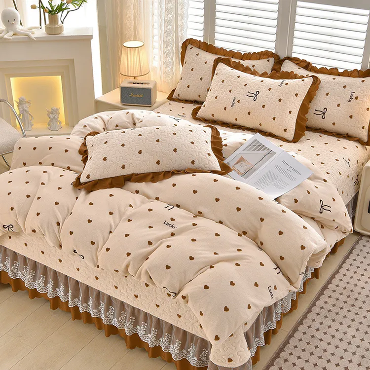【牛奶绒床盖四件套】加厚双面绒被套抗静电防滑夹棉加绒床盖三件套