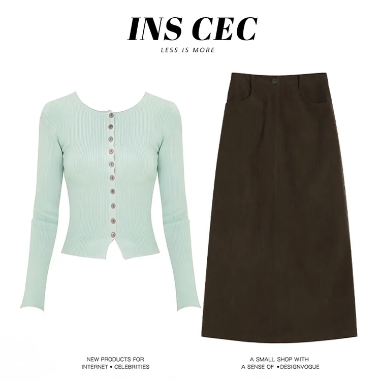 INS CEC绿色短款长袖针织衫女早秋修身薄款百搭灯芯绒半身裙套装
