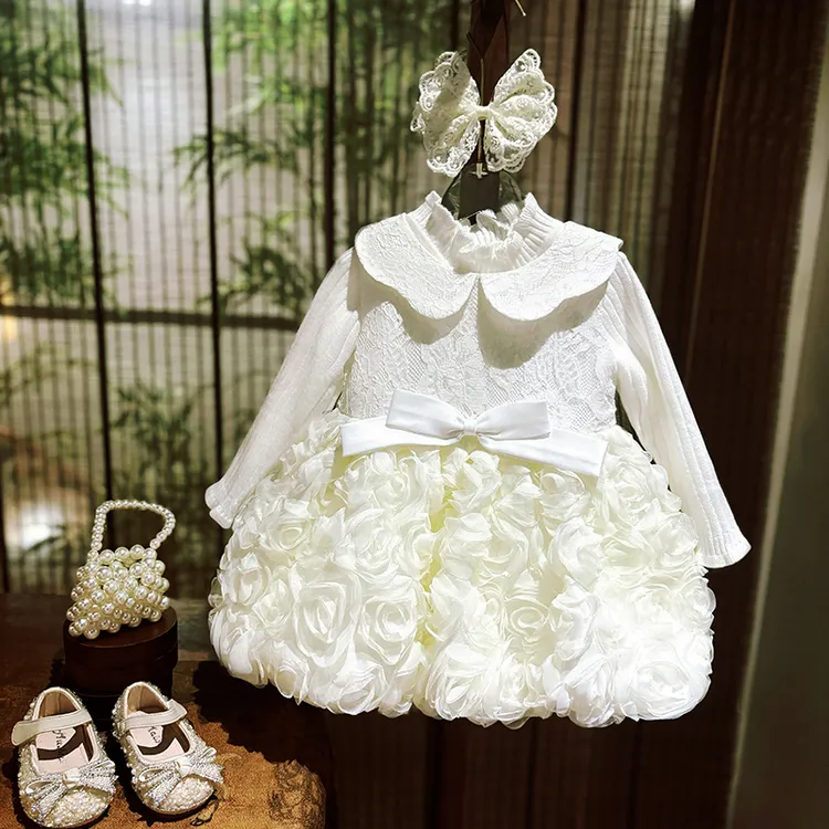 周岁女童连衣裙秋冬季2025新款儿童生日公主裙套装白色花童婚礼服