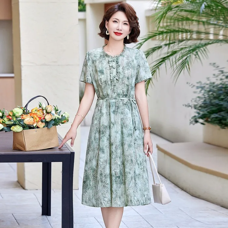 中老年妈妈连衣裙收腰显瘦长裙夏季女装法式印花短袖时尚裙子新款