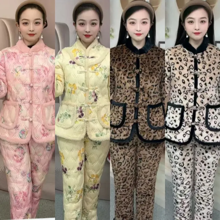 冬季女装加绒加厚棉服套装网红棉衣家居服时尚棉袄棉裤两件套睡衣