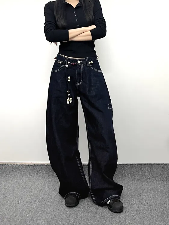 万兔的One美式设计感深蓝色弯刀牛仔裤复古宽松百搭裤子情侣裤子