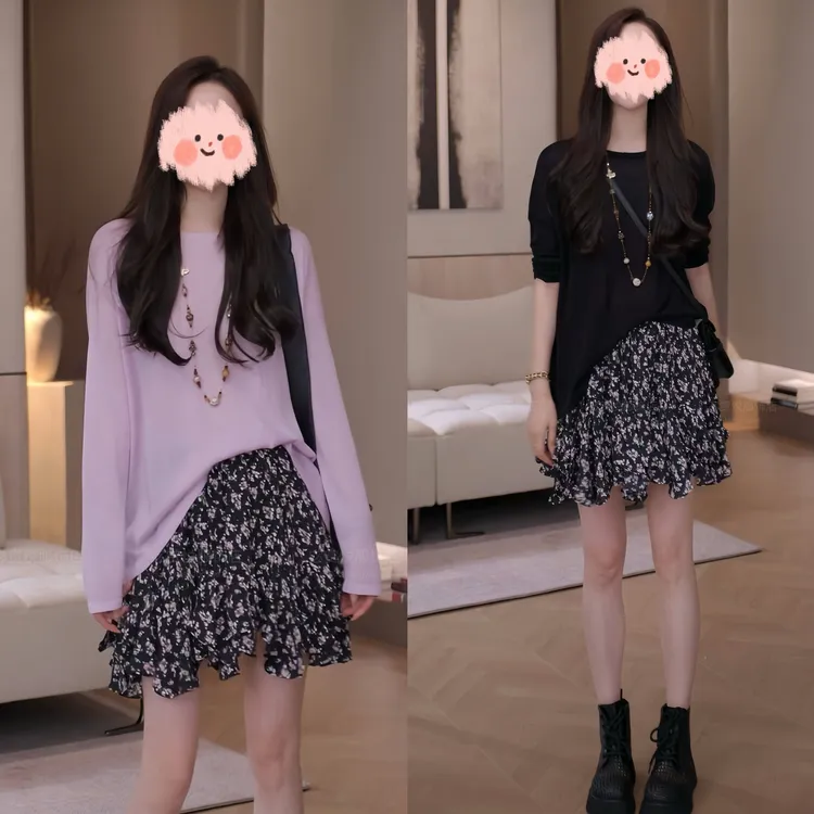 夏季新款出游穿搭百搭防晒透气长袖上衣套装显瘦松紧腰不规则短裙