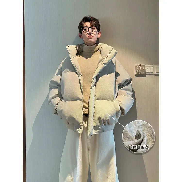 HN潮牌-【帆布皮】冬季立体纹理感立领棉服男百搭简约休闲保暖棉衣