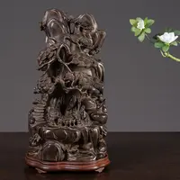 清 沉香木雕松下对弈山子摆件（红木座）古董收藏