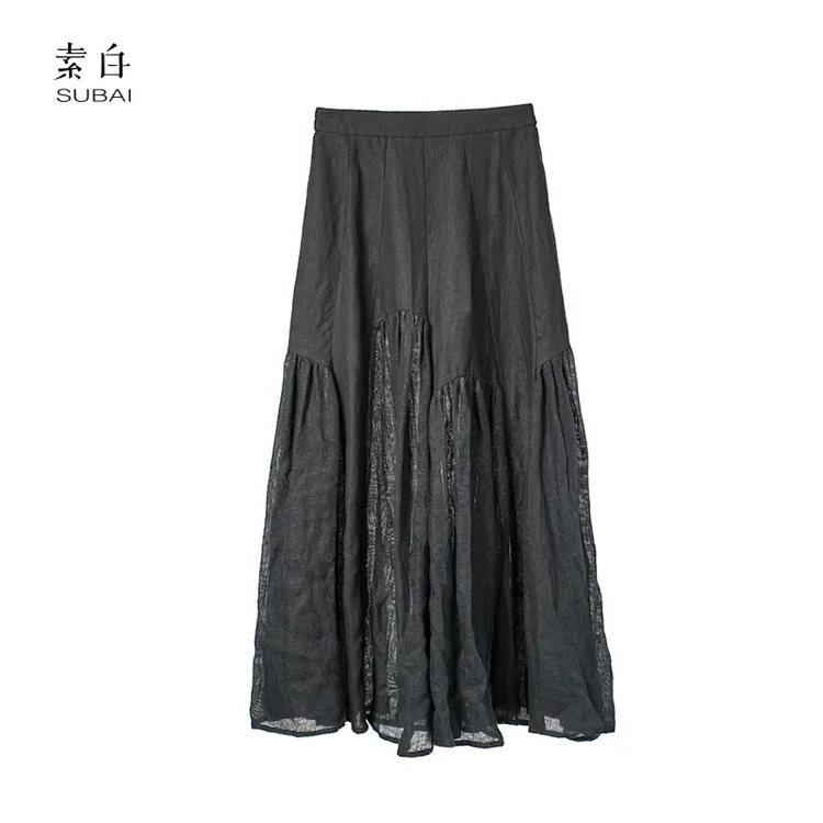 素白【黑夜】设计感Q01571酷黑拼接松紧腰气质显瘦伞裙百搭半身裙