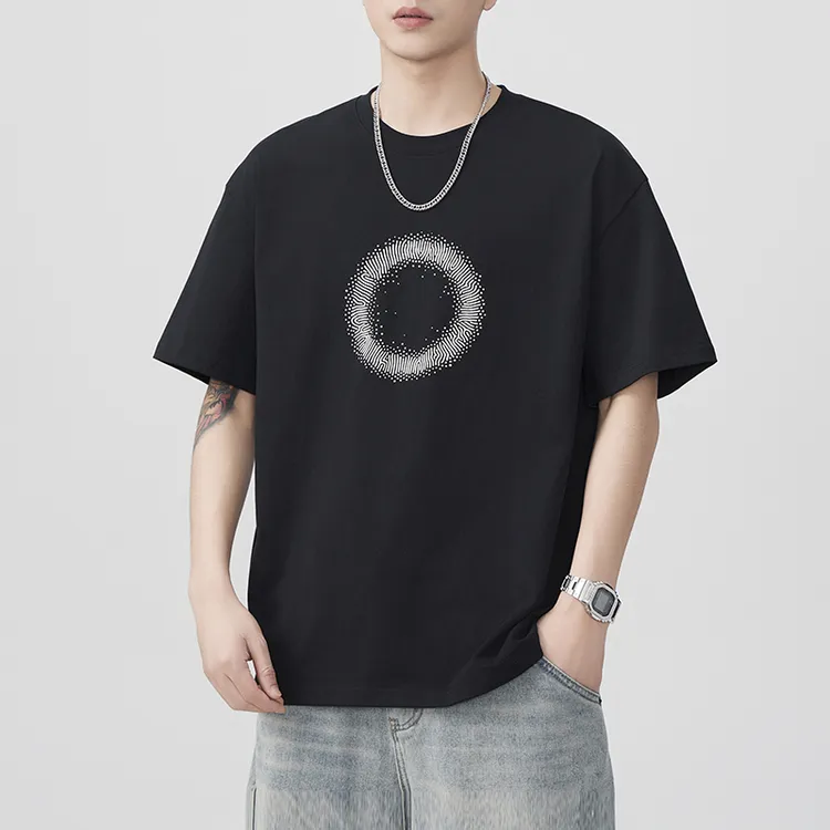 宽松纯棉美式休闲短袖t恤男绒面发泡印花工艺宽松落肩袖半袖体恤T