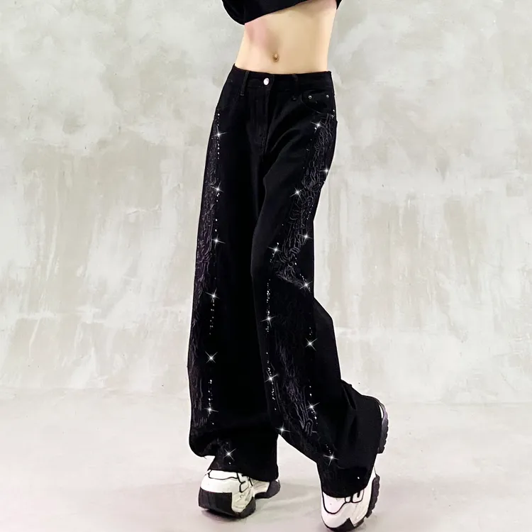个性侧边烫钻设计感黑色牛仔裤女秋新款高腰宽松显瘦百搭直筒裤潮