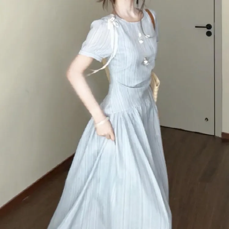 【现货+运贴5米】蓝色连衣裙子女夏季2025新款海边度假掐腰长裙5129