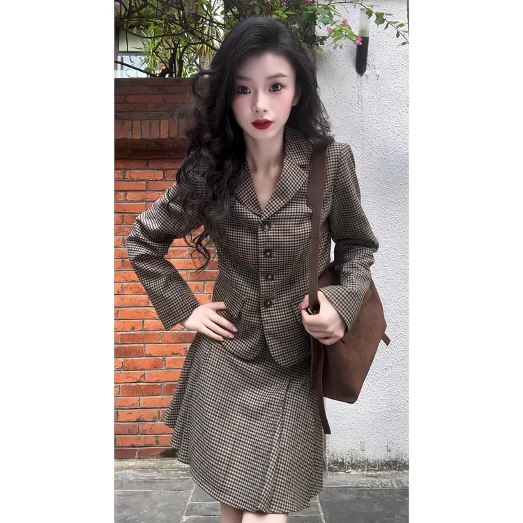 美式复古格子西装外套上衣早秋新款御姐干练气质通勤半身裙两件套