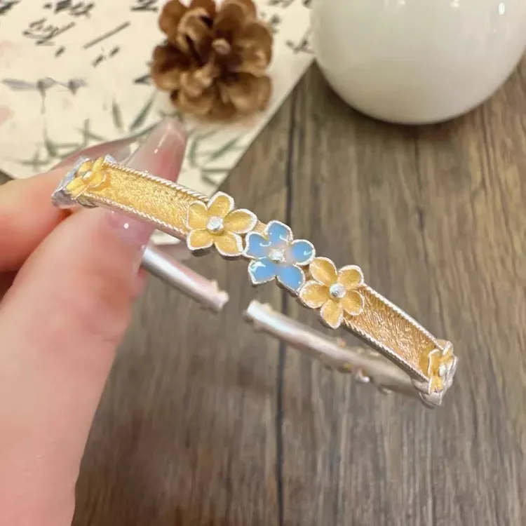 足银手镯 描金梅花纯银手镯女款实心国风新中式