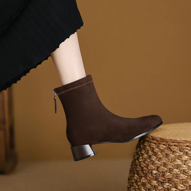 2025新款秋冬靴子女短靴圆头中跟加绒裸靴休闲粗跟鞋子女款通勤