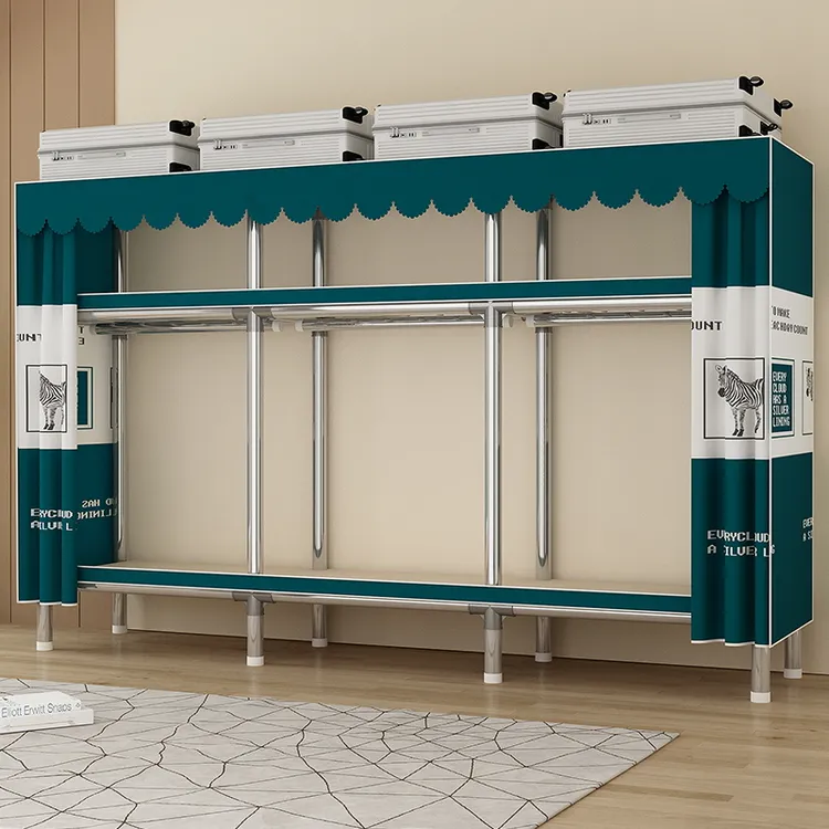 布衣柜加厚加粗全钢架简易衣柜家用卧室出租房小户型收纳柜挂衣厨