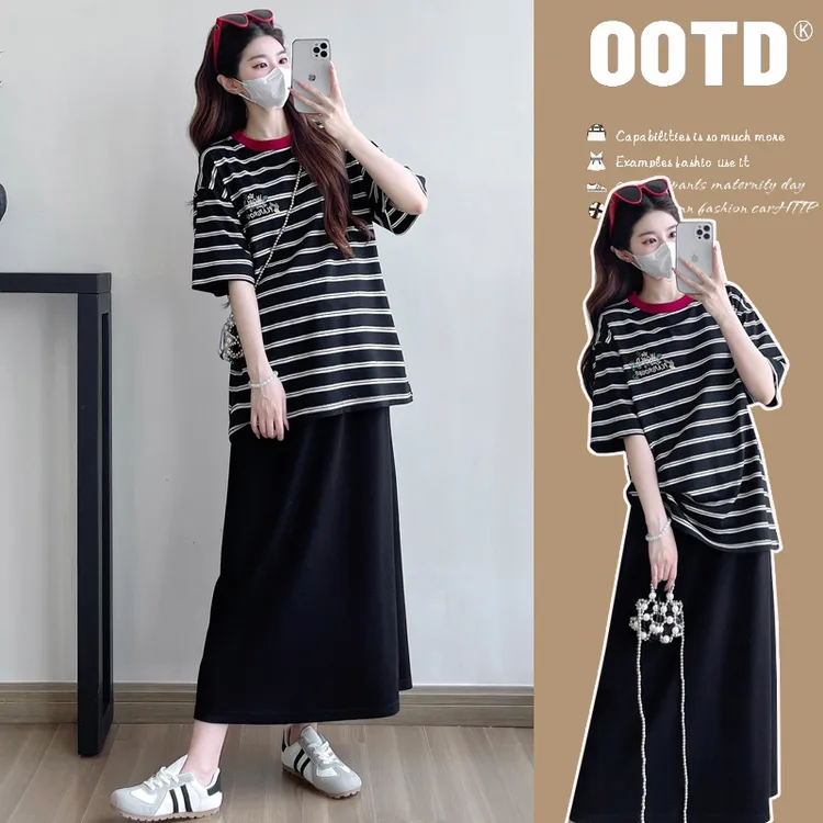 孕妇装2025夏季新款时尚显瘦高腰条纹短袖上衣百搭半身孕妇裙套装