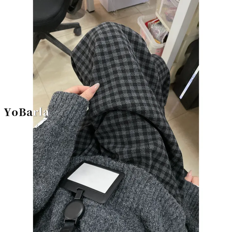 黑灰色格子休闲直筒裤女冬季加绒大码胖mm宽松显瘦慵懒垂感阔腿裤