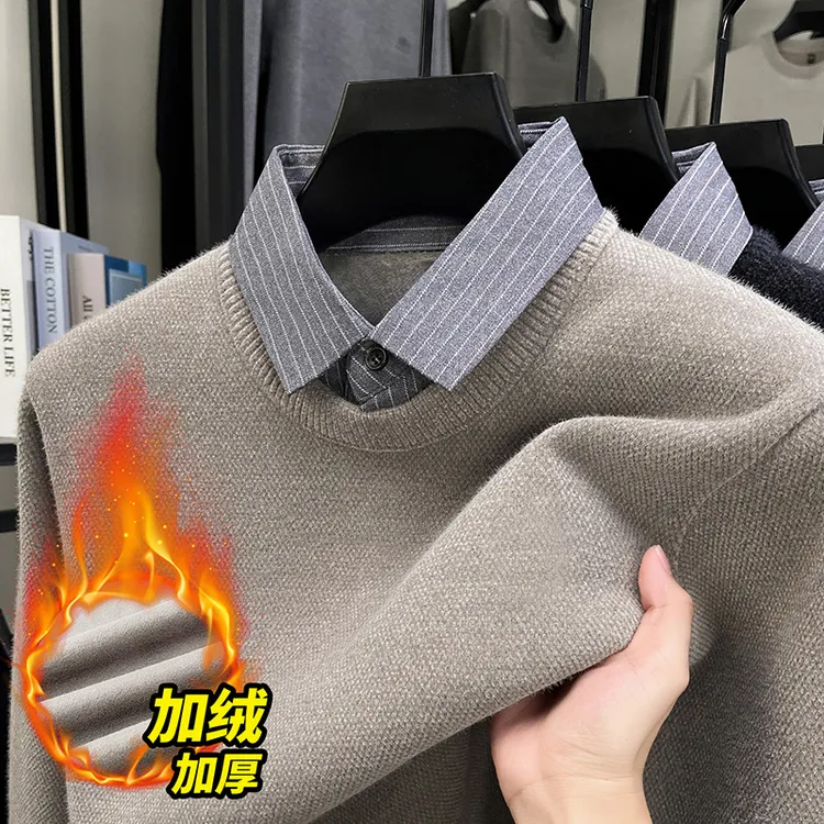 一体绒加厚保暖假两件衬衫领套头毛衣针织针织衫休闲冬季厚款