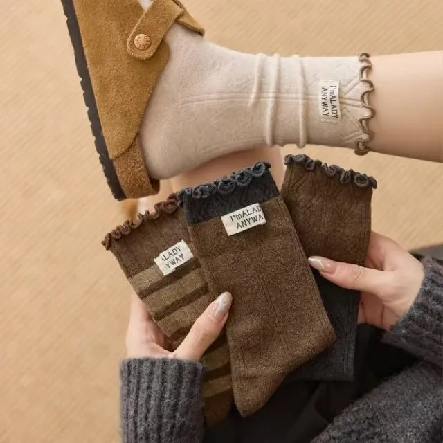 木耳花边袜子女春秋新款配德训鞋长袜纯棉透气百搭中筒袜 