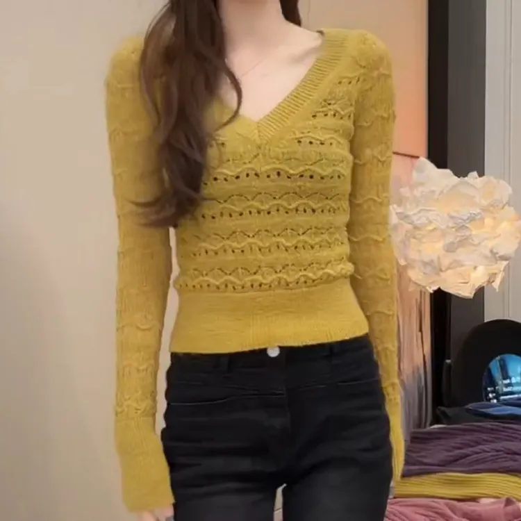 新款修身显瘦提花打底针织衫螺纹V领毛衣LK2508263