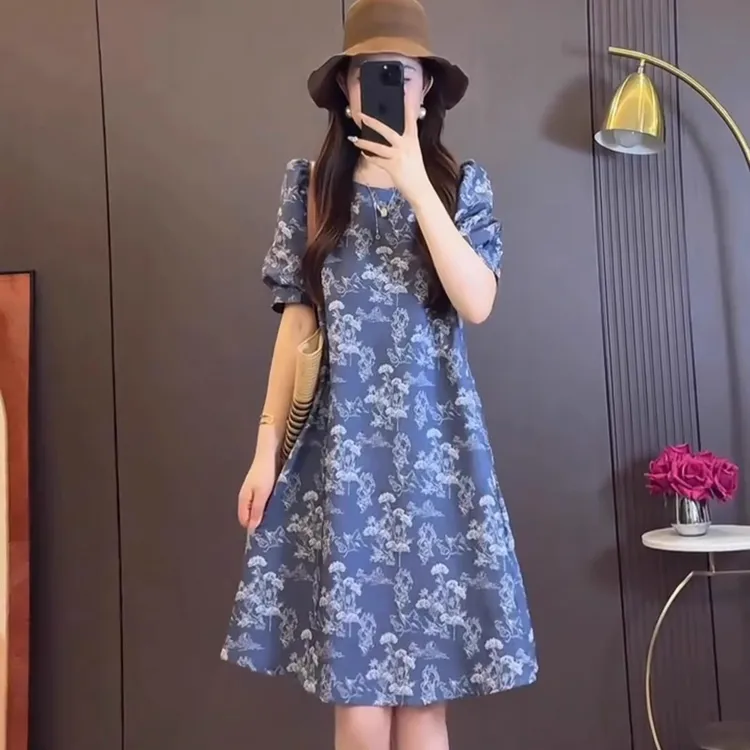 夏季常规印花短袖连衣裙碎花国风职场新中式宽松泡泡袖显瘦A字裙 