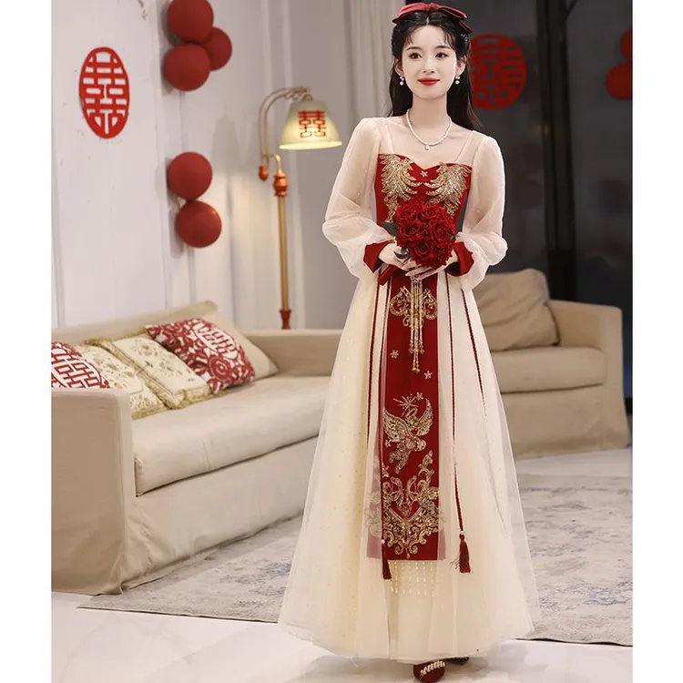 敬酒服新娘中国风订婚服装礼服连衣裙香槟色回门服网纱晚礼服新款