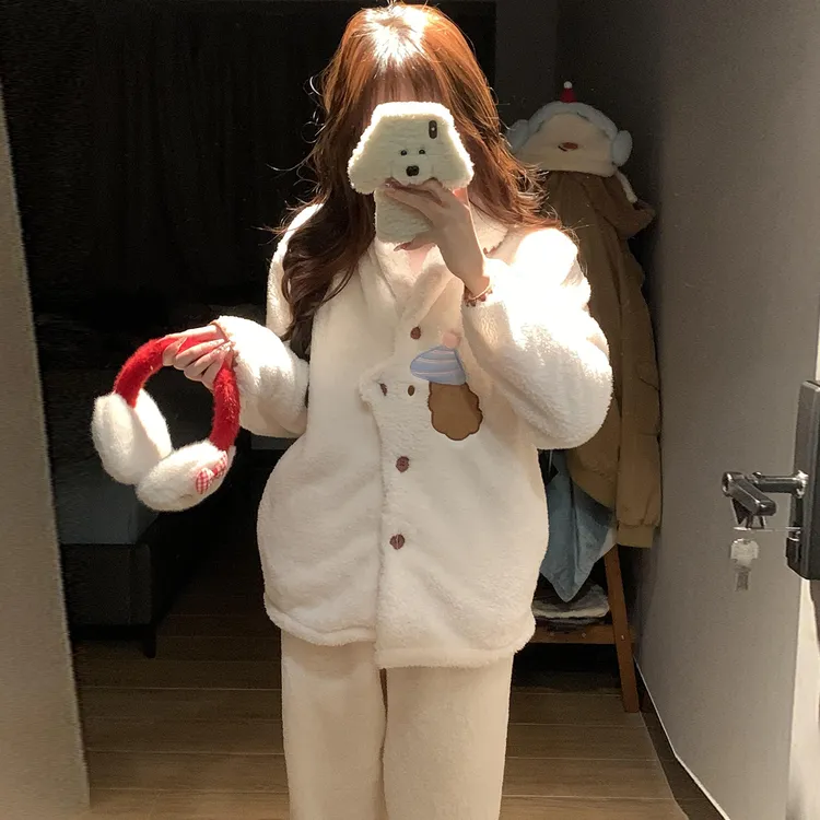 珊瑚绒睡衣女秋冬季加厚大码可外穿长毛绒杏色小狗套装冬天家居服