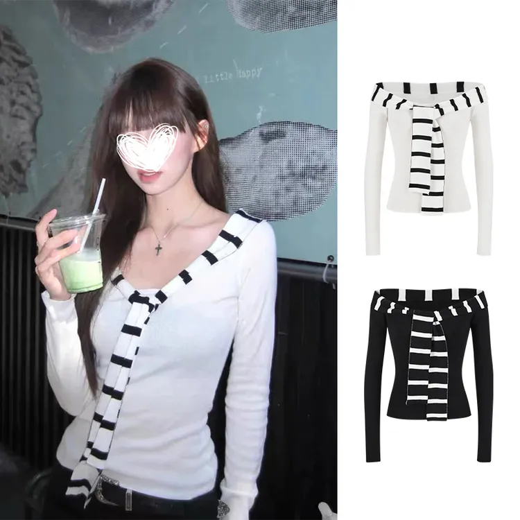 Moses Queen/魔西女王韩系条纹拼接针织衫女水手领一字肩修身上衣