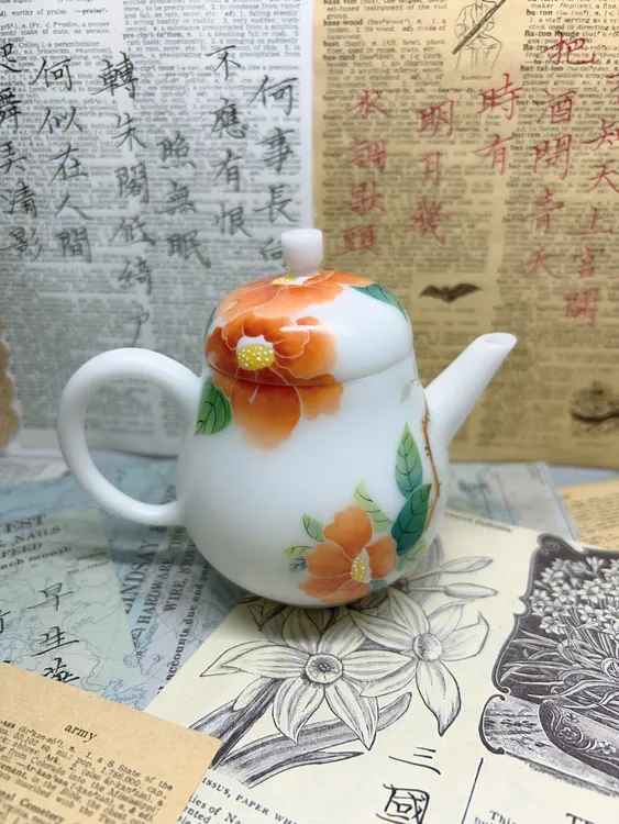 纯手绘山茶花羊脂玉白瓷壶冰种纯手工家用泡茶壶素烧陶瓷功夫茶具