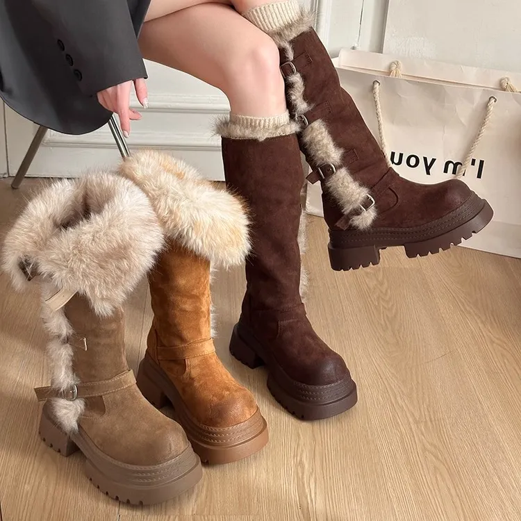 厚底两穿毛毛雪地靴女2025冬季显瘦东北靴子高筒加绒不过膝长筒靴