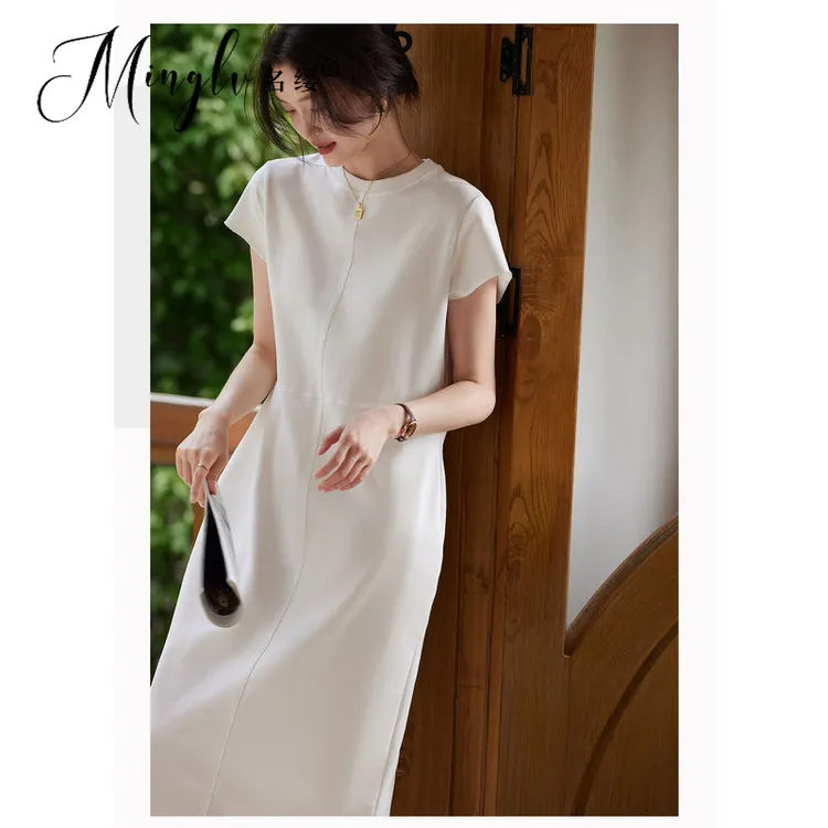 名缕轻奢女装时尚高级感白色短袖T恤裙女夏2025超火减龄连衣裙