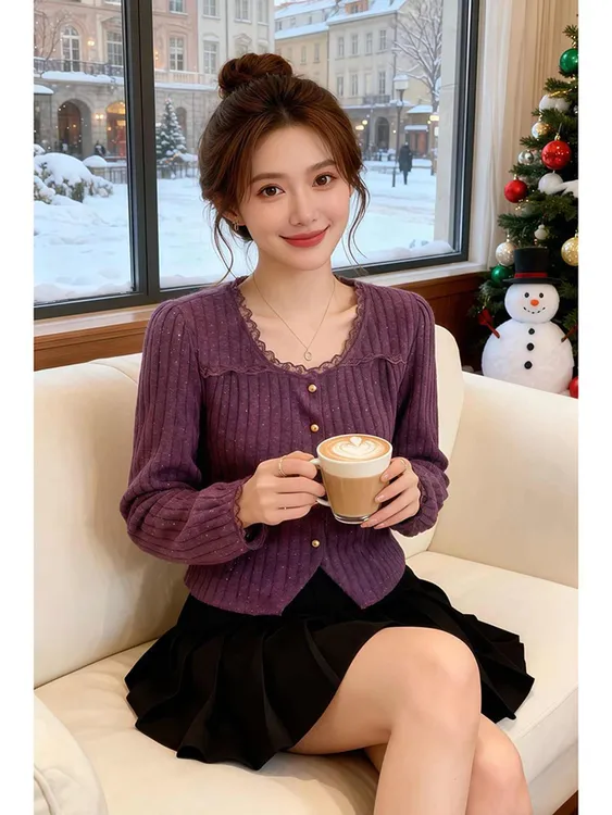 今年流行漂亮洋气复古欧货轻奢高级感减龄洋气时髦紫色针织衫秋季