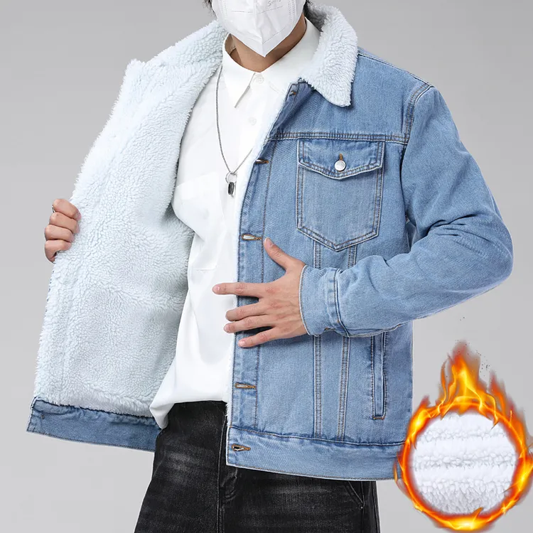 冬季加绒牛仔外套男修身加厚夹克仿羊羔毛青年棉衣棉服秋男上衣潮