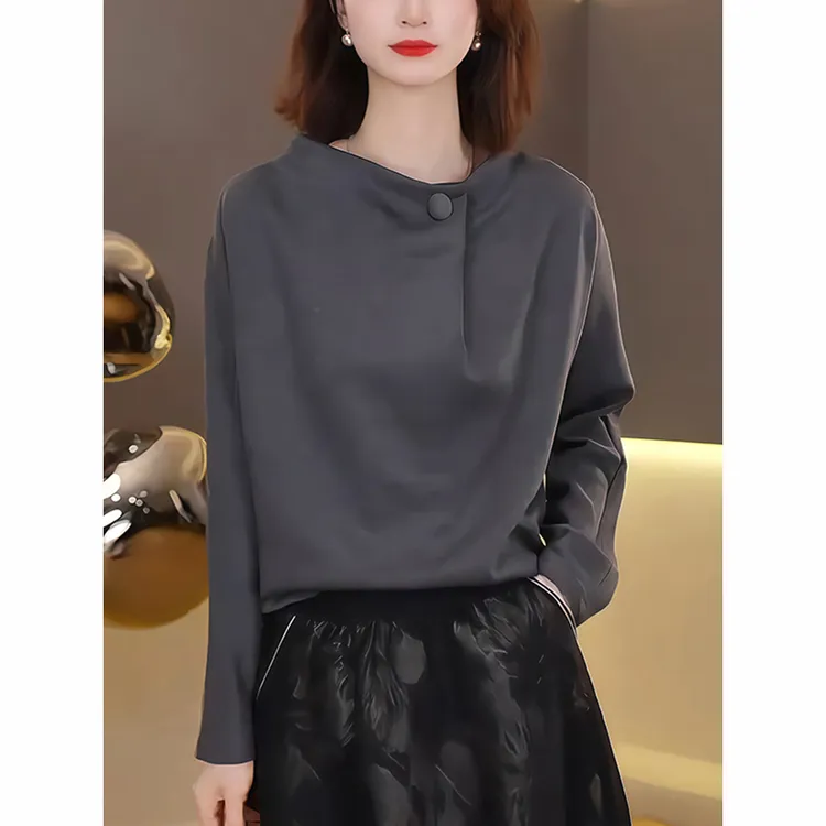 时尚减龄长袖立领女2025秋季新款休闲打底衫宽松百搭遮肉套头上衣