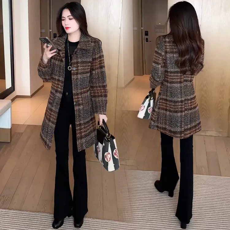时尚毛呢外套女2025秋冬新款洋气显瘦千鸟格中长款妮子气质大衣潮