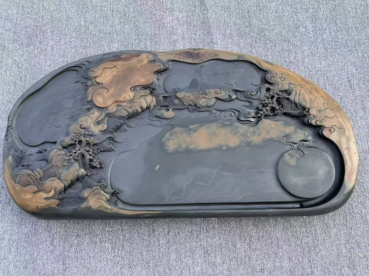彦宸居天然歙砚石茶盘随形红皮鱼子石纯手工精工制作排水式茶海