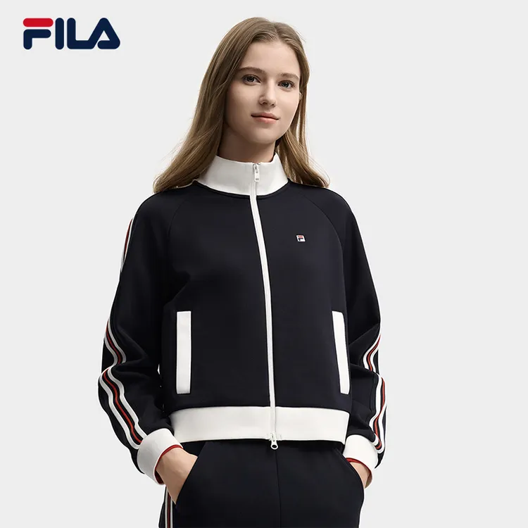 FILA女装2025秋季款【绒感提花布】时尚百长袖撞色立领运动长袖外套