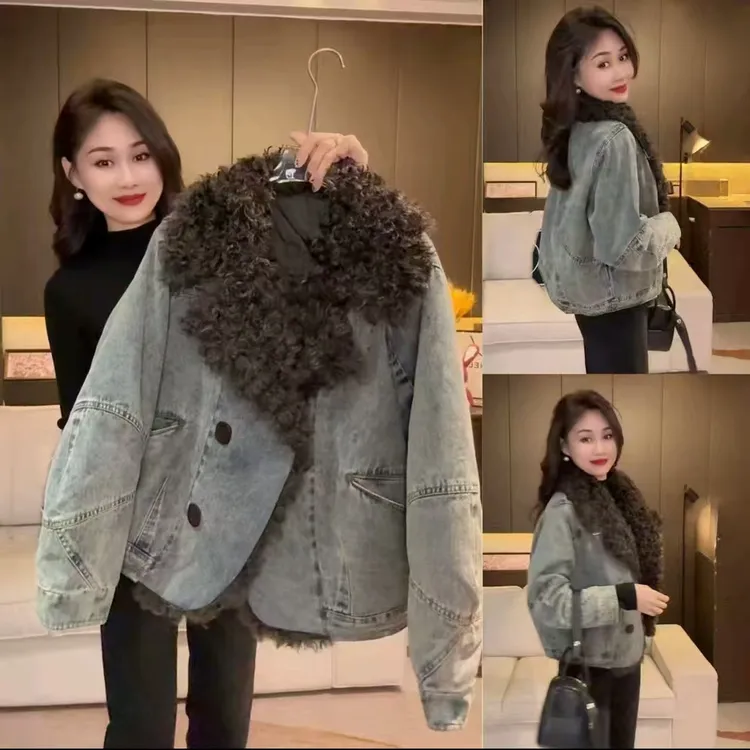 冬季小香风翻领厚款短拼接牛仔外套百搭时尚休闲加厚上衣新款韩版