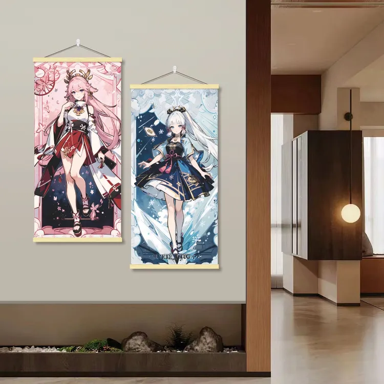 原神海报挂画墙贴二次元动漫芙宁娜可莉实木卷轴式房间古风装饰画