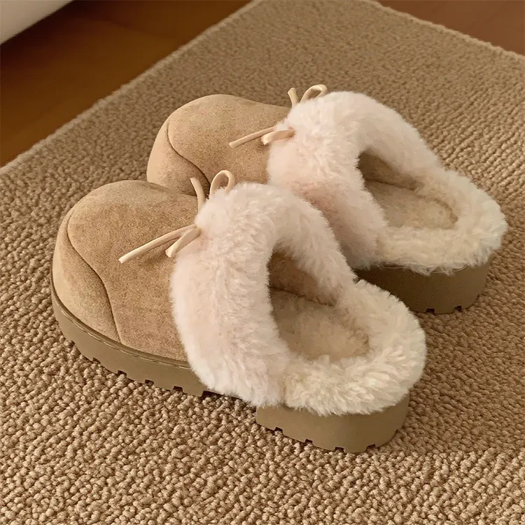 细细条 韩系蝴蝶结厚底加绒勃肯包头拖鞋女冬增高休闲防滑棉拖鞋