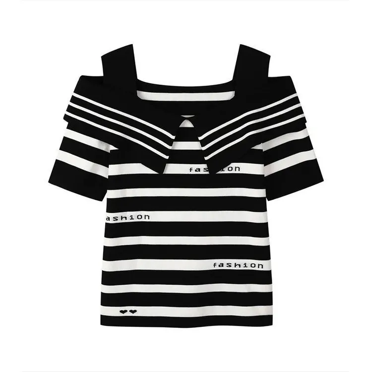 LACAH春新款一字领短袖针织衫女设计感黑白条纹气质露肩时尚上衣